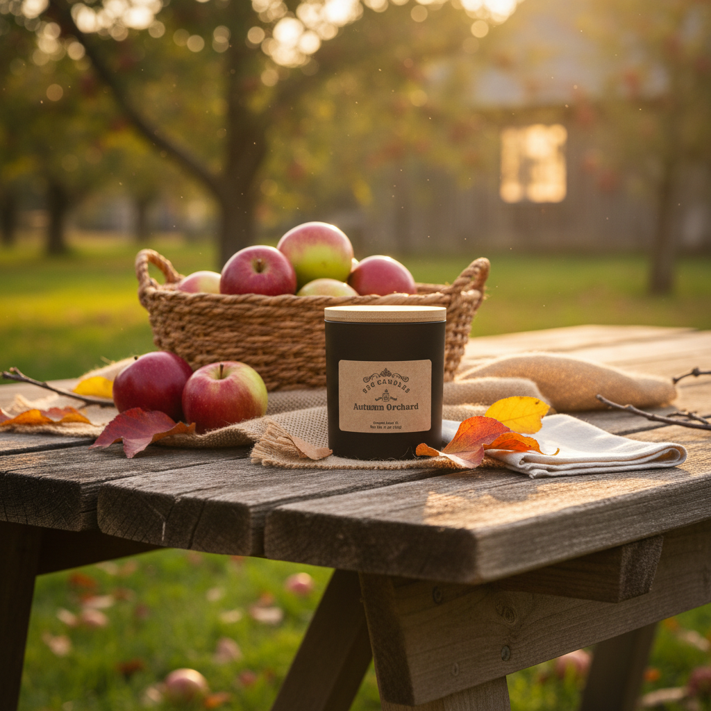 Autumn Orchard Apple Harvest Candle in Rustic Orchard Setting