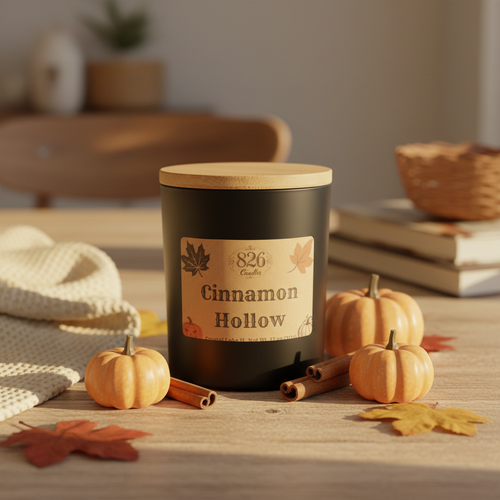 Cinnamon Hollows Pumpkin Spice Candle in Rustic Fall Setting