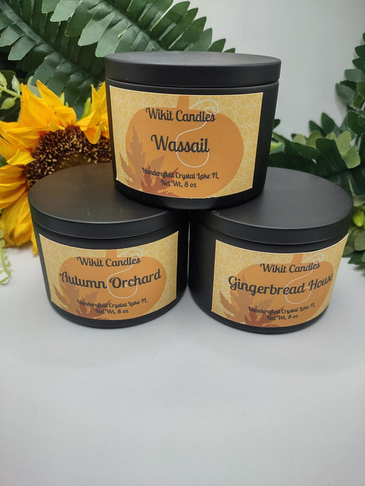 Wassail scented, Autumn Orchard scented, Gingerbread House scented, all 8oz candle black tins.