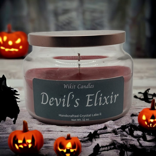 Santal and Coconut scented candle called Devils Elixir Halloween collection home decor 11 oz candle.