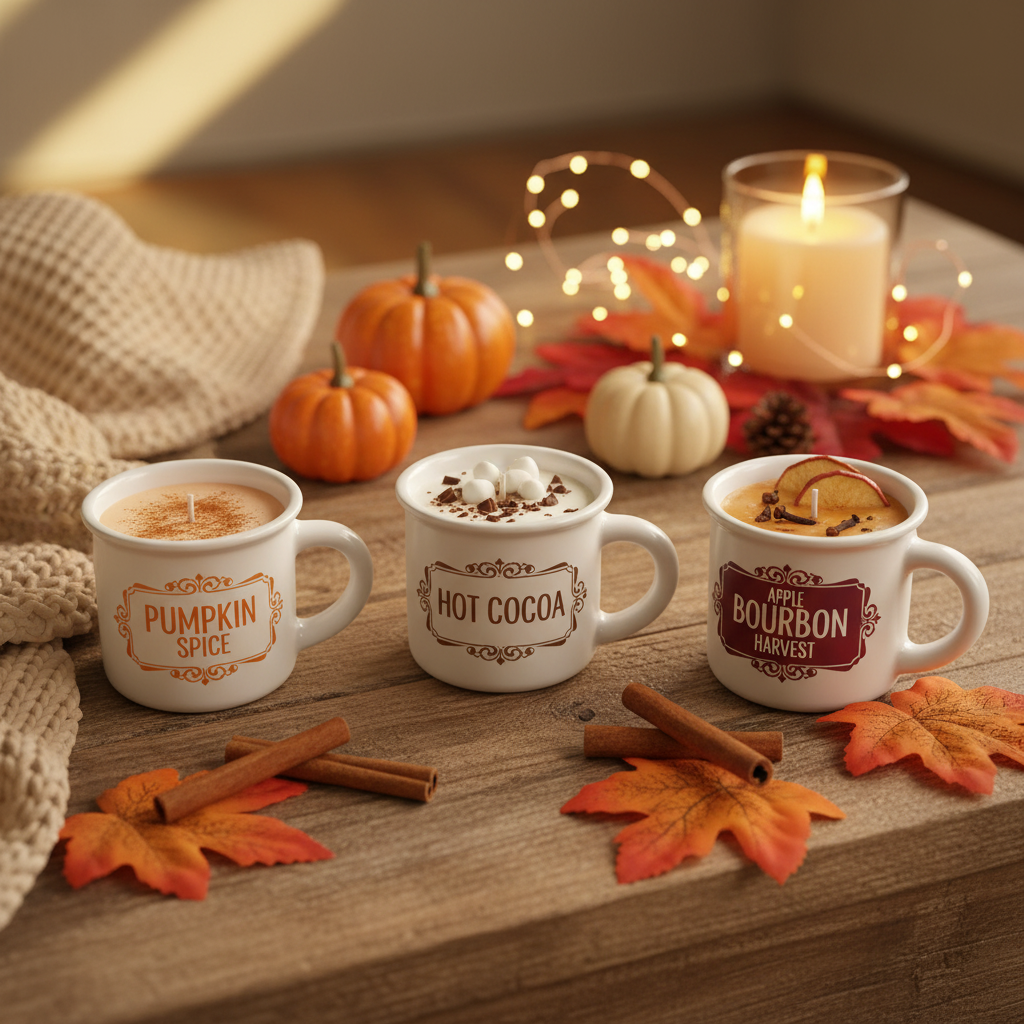 Mini Mug Soy Candles in Warm Fall Setting