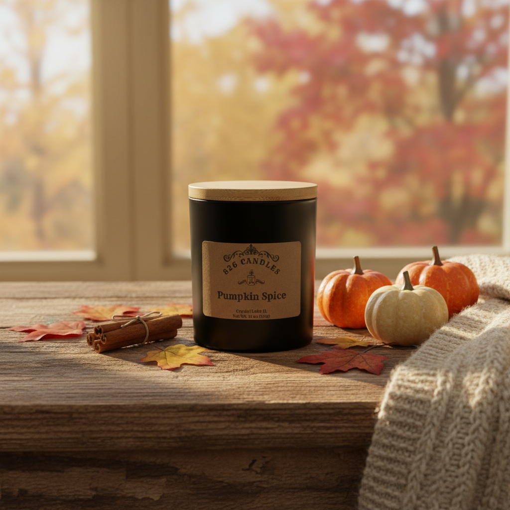 Pumpkin Spice Candle in Cozy Fall Setting